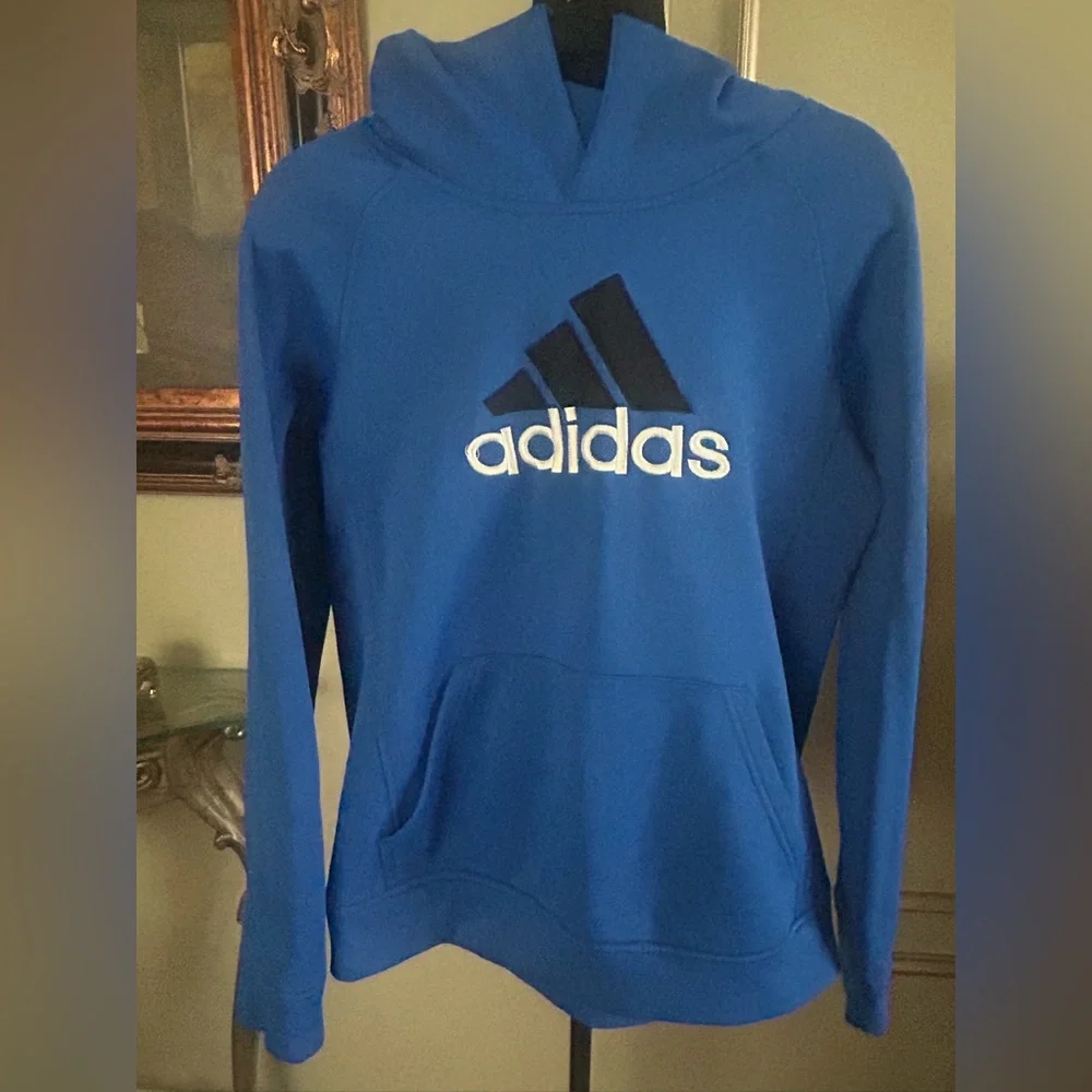Adidas Climalite Hoodie Blue Pullover Sweatshirt Youth Athletic Logo XL 18